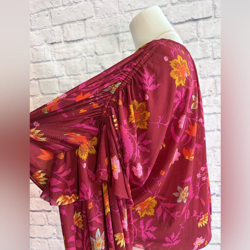 Free People Blouse Peasant Boho Bohemian Floral Raspberry Pink Long Sleeve - Picture 7 of 10